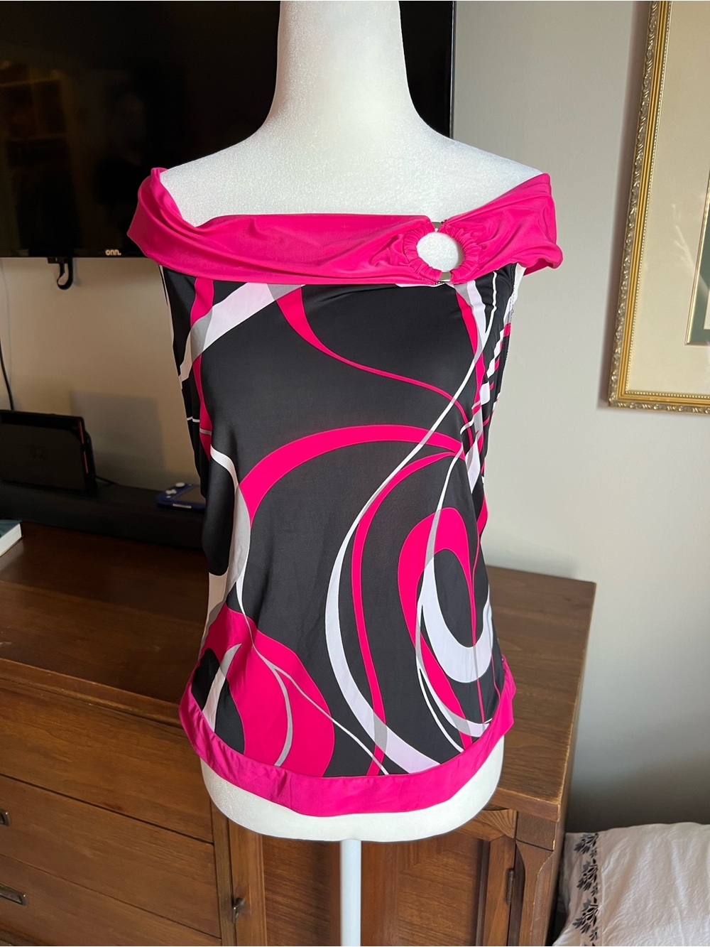 Y2K Off-Shoulder Pink & Black Swirl Camisole with Ring Accent